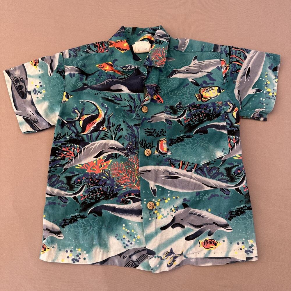 Nui Nalu Shirt Boys Size 2 Green Hawaiian Ocean Dolphin Fish Print Button Up USA